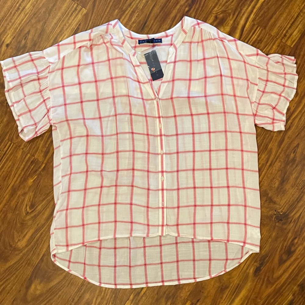 NEW Bandolino Red / White Gauze Hi-Lo Top XL